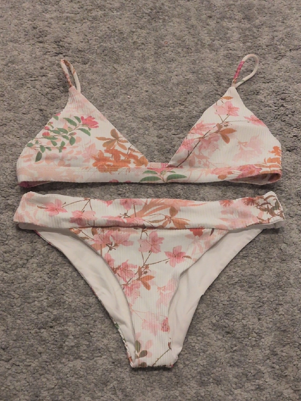 Shore Brand Floral Ribbed Triangle Bikini Set in Floral Pink & Peach
